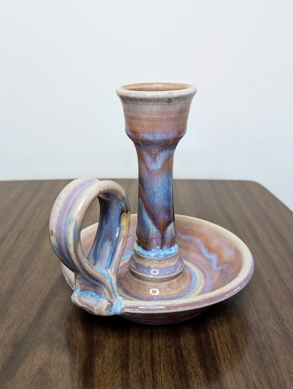 Light Purple, Blue, Tan Handmade Studio Pottery Ceramic Chamber Candle Holder